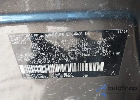 2015 Toyota Rav4 Le из США, поврежденный, VIN 2T3ZFREV7FW151422